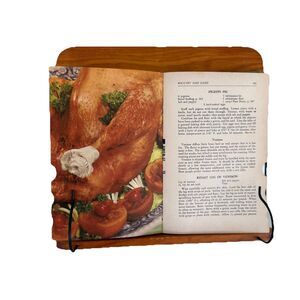 Vtg Wood Cookbook Holder Book Stand Recipe Ipad Adjustable Foldable Metal Hooks